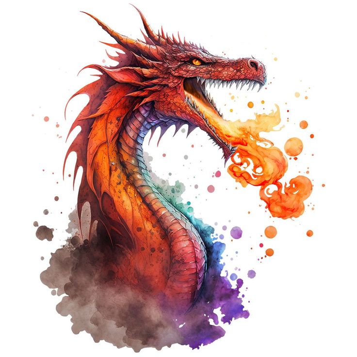 a watercolor painting of a dragon with its mouth open