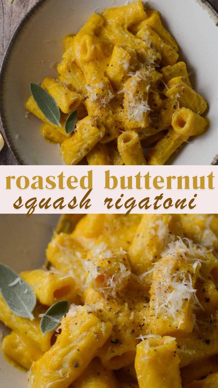 two plates filled with pasta covered in cheese and sage leaves next to another plate full of cooked butternut squash riganzoni