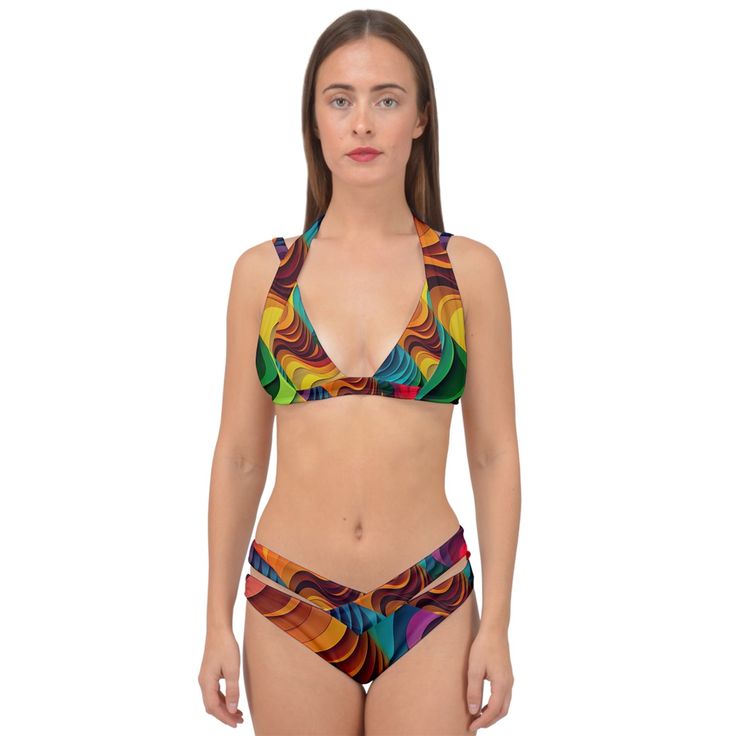 Step into a world of vibrant elegance with the Rainbow Dreamland Double Strap Halter Bikini Set by Mila Beachwear. This stunning bikini set features a mesmerizing rainbow design and a chic double strap halter top, creating a bold and stylish look perfect for any beach or poolside occasion. Crafted from high-quality, quick-drying fabric, this bikini set ensures both durability and comfort. The smooth, stretchy material contours to your body, providing a flattering fit that allows for ease of move Multicolor Halter Neck Swimwear For Beach Party, Multicolor Halter Top For Pool And Beach Season, Multicolor Tropical Halter Top For Beach Season, Multicolor Halter Top For Beachwear, Multicolor Halter Neck Tankini For Sunbathing, Rainbow Triangle Top Swimwear For Swimming, Tropical Multicolor Halter Top For Pool, Multicolor Tropical Halter Top For Beach, Multicolor Tropical Halter Neck Tankini