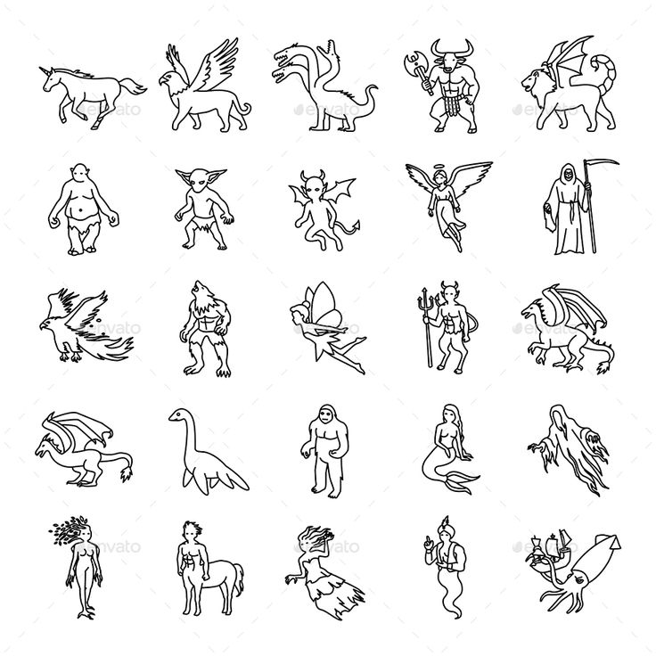 25 mythical creatures line icons - animals characters