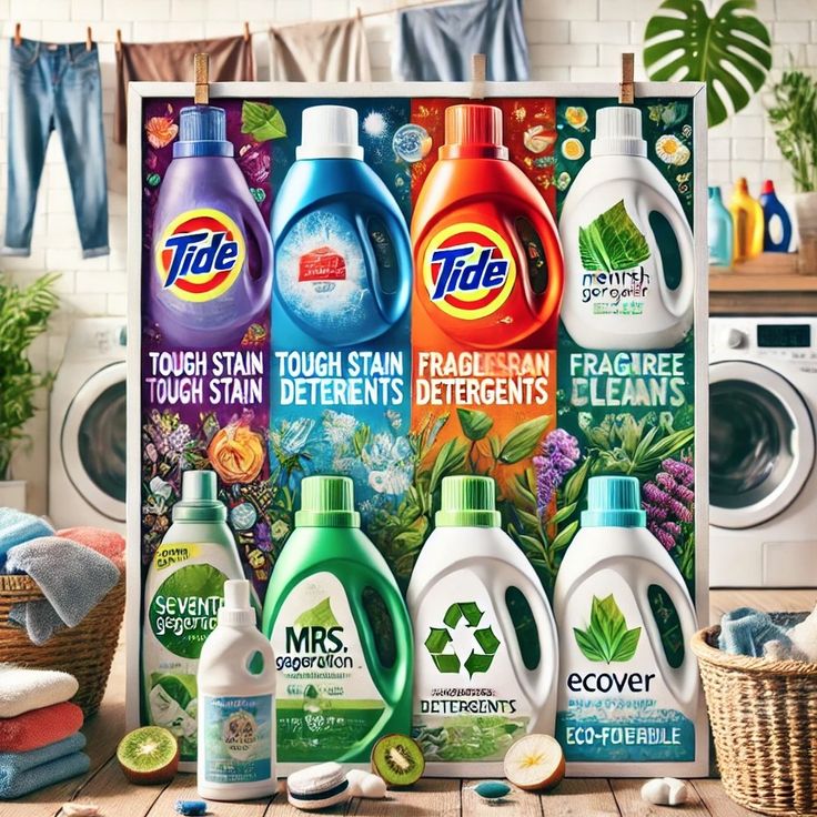 several different types of detergents are displayed in front of a laundry washer