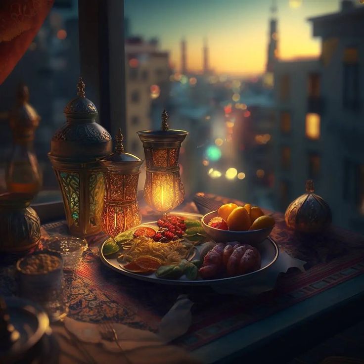 a plate of food sitting on top of a table next to a window overlooking the city