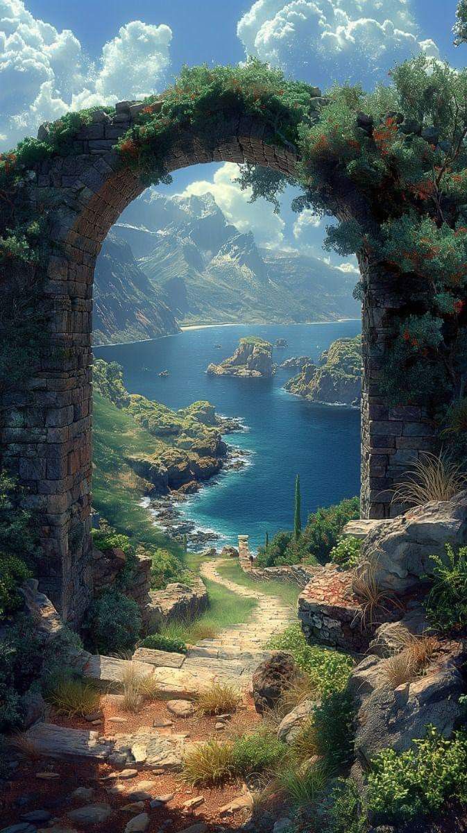 a painting of an arch leading to a lake with mountains in the background and water below