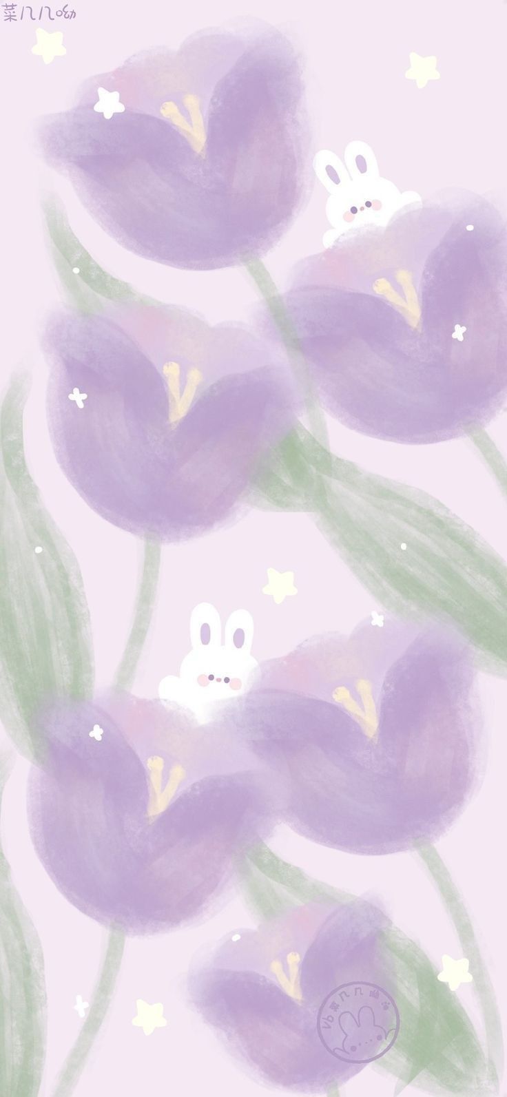 some purple flowers are in the air with white stars on their heads and one has eyes