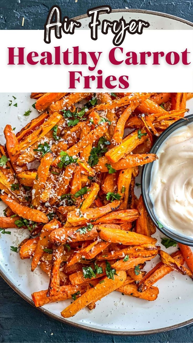 air fryer healthy carrot fries on a plate with ranch dip