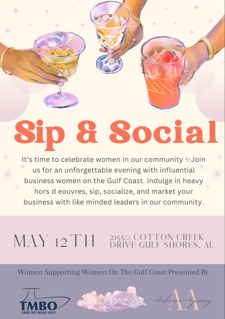 a flyer for a women's social event with two people holding glasses and the words sip & social