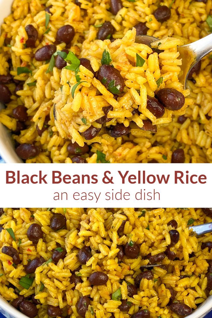 Collage of seasoned yellow rice and black beans with text Cilantro Rice And Beans, Yellow Rice Black Beans, Rice And Beans Side Dish, Yellow Rice Seasoning Recipe, Spanish Rice With Black Beans, How To Cook Black Beans From The Bag, Chicken Yellow Rice Black Beans, Yellow Rice Dishes, Colombian Rice And Beans