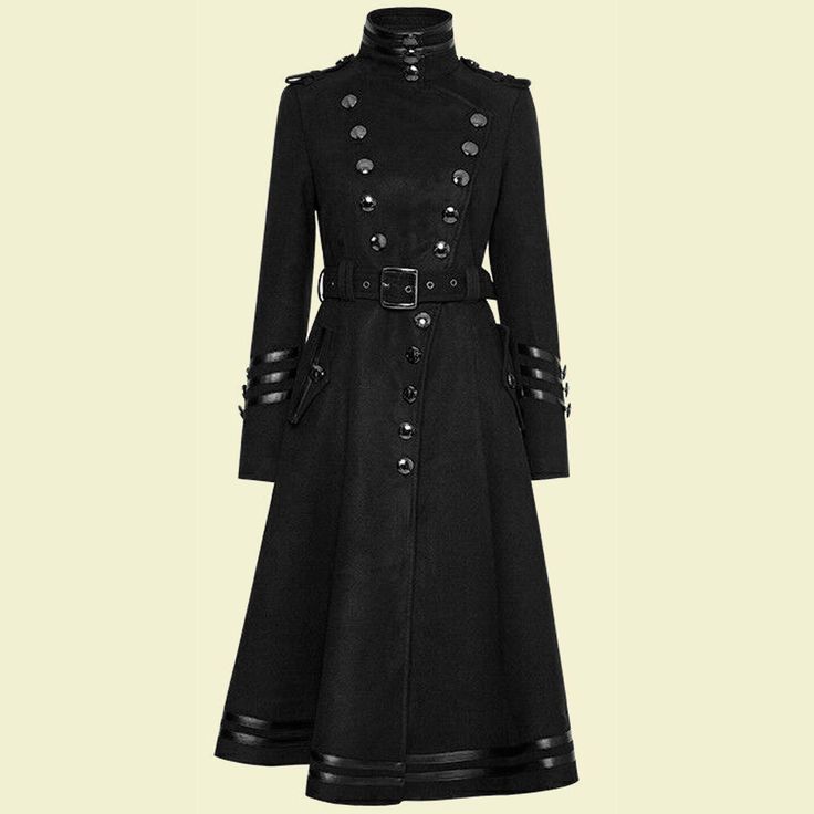 Gothic Punk Military Uniform Long Coat Rock Cosplay Steampunk Jacket  Military Uniform Worsted Long Coat 1.The main material is made of double sided worsted fabric. 2.Asymmetry oblique fly design. 3.Exquisite pseuduvaria metal button decoration. 4. Big Wave hem design show a gamine charm. 5.Removable belt，Pocket on both sides. Steampunk Outerwear For Halloween Cosplay, Gothic Black Outerwear With Button Closure, Gothic Winter Outerwear With Buttons, Gothic Black Outerwear With Rivets, Punk Style Costume Outerwear With Buttons, Punk Style Buttoned Outerwear For Costume, Alternative Fall Outerwear With Rivets, Steampunk Long Coat With Buttons, Steampunk Outerwear With Button Closure For Fall