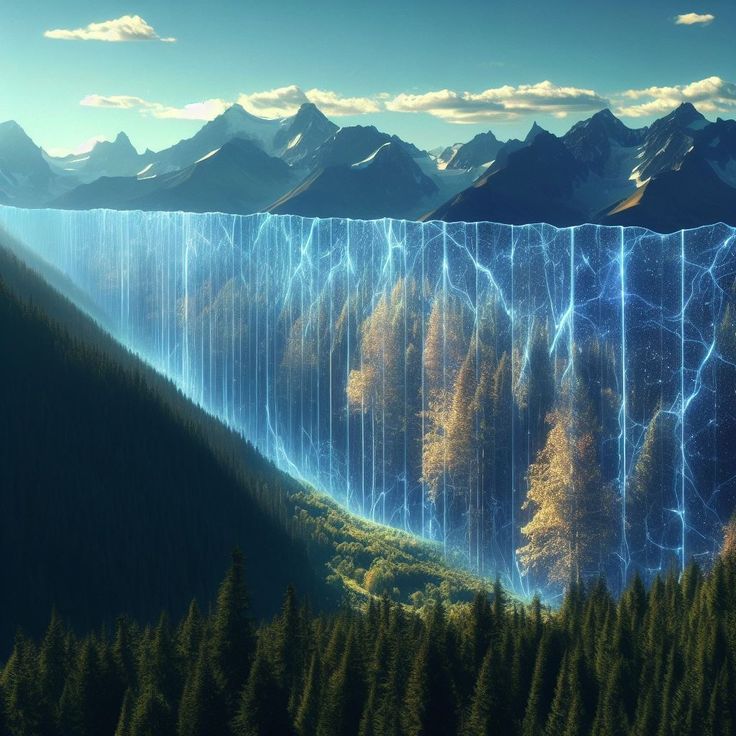 an artist's rendering of a forest with mountains in the background