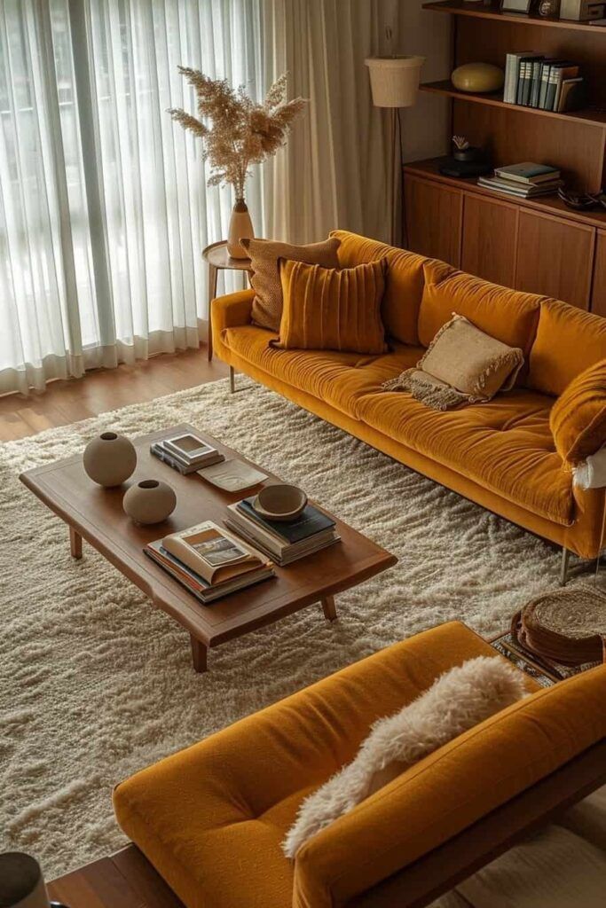 a living room with yellow couches and white rugs on the floor next to a large window