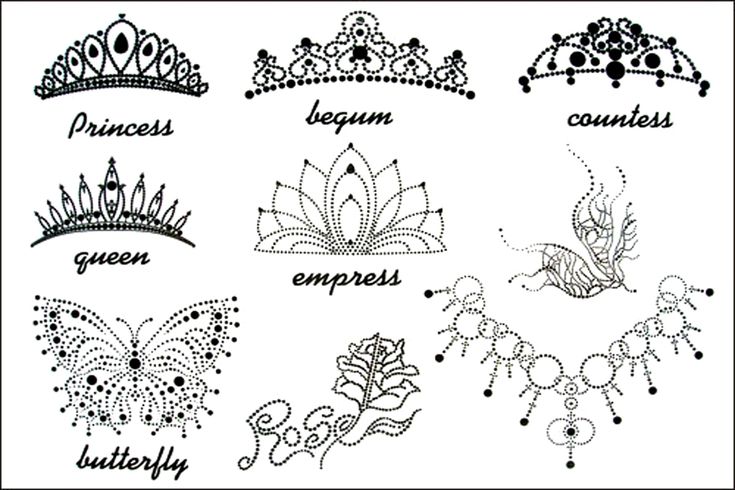 an image of crowns and tiaras in black ink on white paper with the words princesses written across them