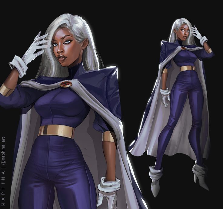 a drawing of a woman dressed in blue and purple with white hair wearing a cape