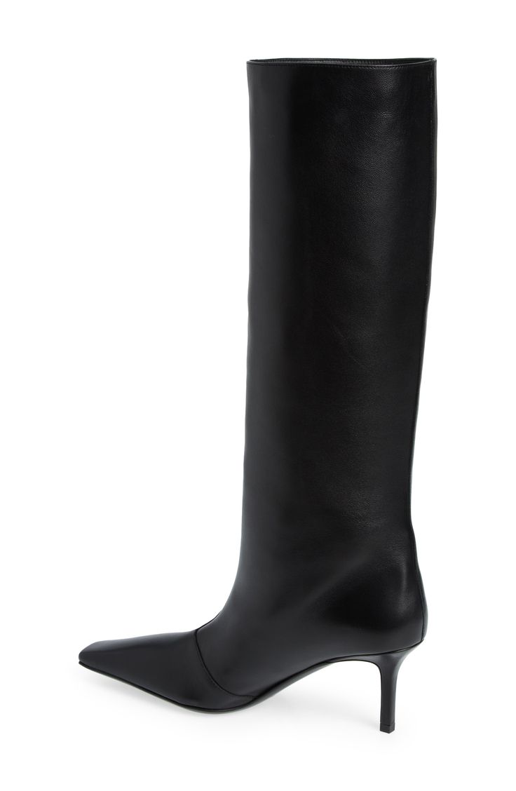 A slim heel balances the chisel toe of a lambskin leather boot in a pair-with-everything neutral hue. 2 3/4" (70mm) heel 16 1/4" shaft; 15 3/4" calf circumference Pull-on style Leather upper, lining and sole Made in Italy Women's Designer Shoes Classic Leather Knee-high Boots With Sculpted Heel, Evening Heeled Boots With Leather Lining And Snip Toe, Classic Wide Calf Boots With Sculpted Heel, Classic Boots With Sculpted Heel And Wide Calf, Evening Heeled Boots With Snip Toe And Leather Lining, Classic Calf Leather Heeled Boots With Stacked Heel, Classic Calf Leather Heeled Boots With Padded Heel, Elegant Boots With Sculpted Heel And Snip Toe, Formal Heeled Boots With Leather Lining And Snip Toe