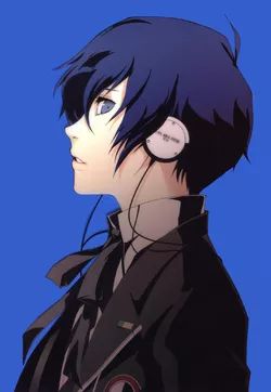 an anime character with blue hair and earphones on his ears looking off to the side