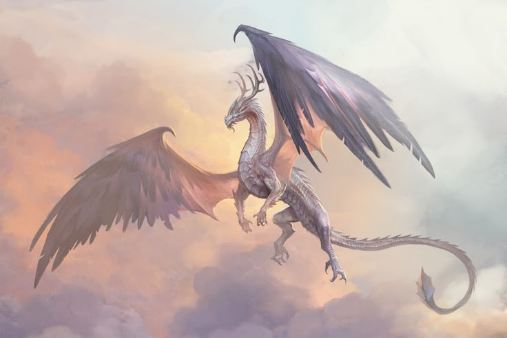 a white and black dragon flying through the air with wings spread out in front of clouds