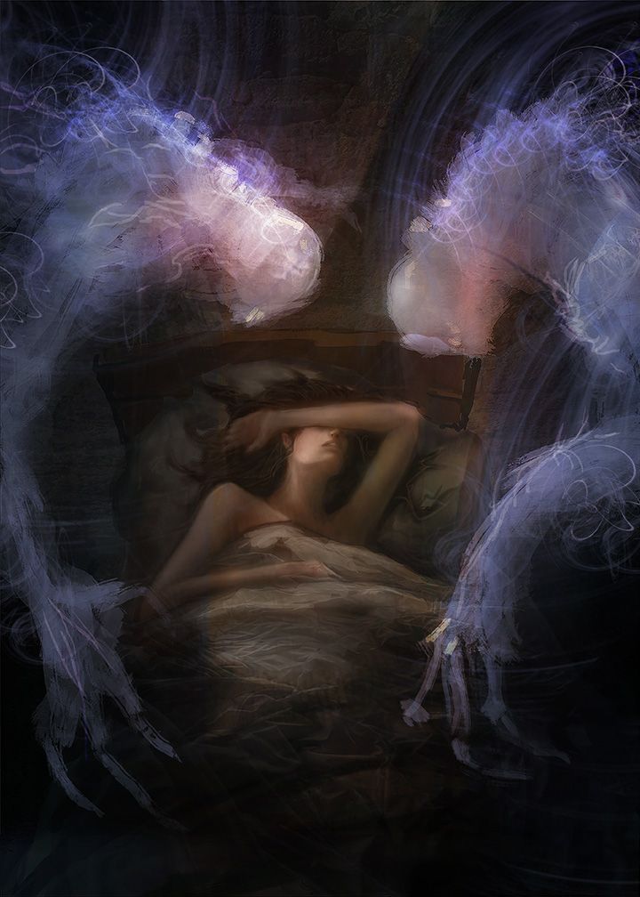 an artistic photo of a woman in bed with angel wings