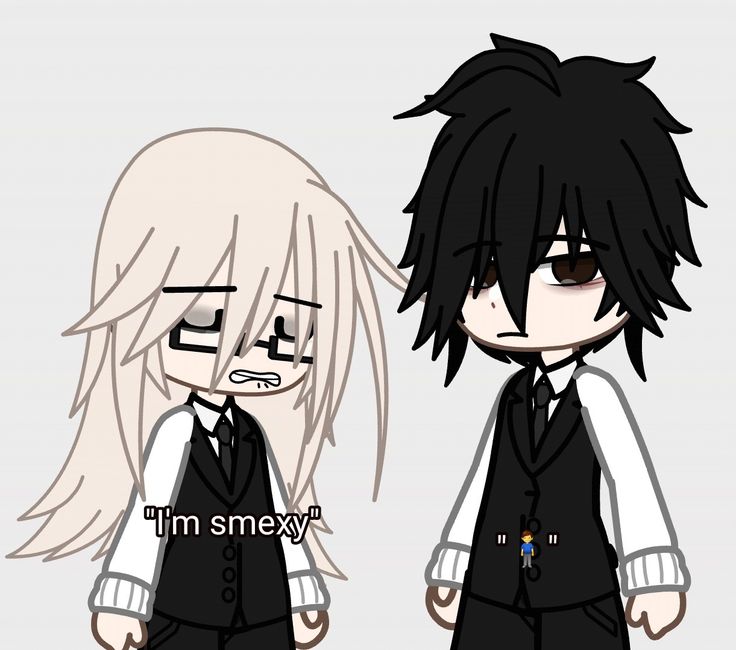 two anime characters are standing next to each other, one is wearing a black and white suit