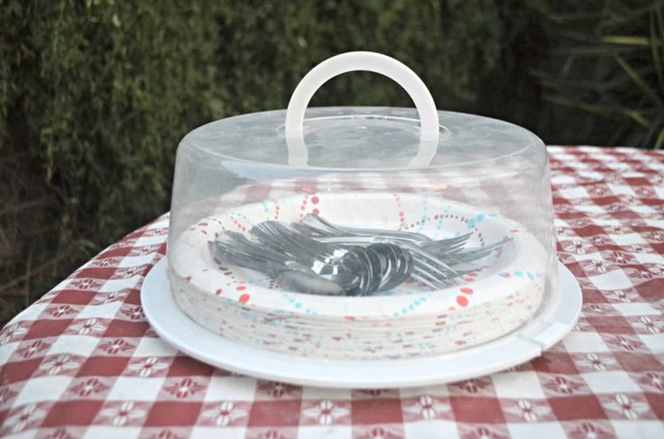 there is a plastic container on top of a table with a white and red checkered table cloth