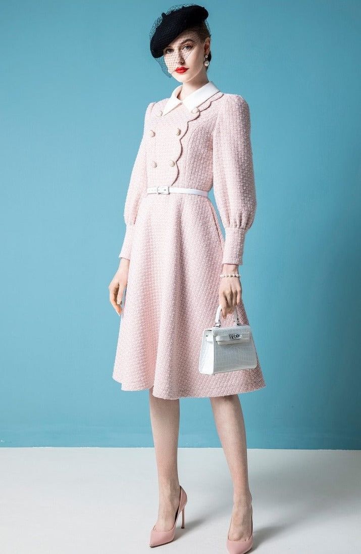 Introducing Robe Loulou - a high-end, French-designed dress that not only exudes elegance and style, but also its unique design is crafted to make you feel confident and beautiful. Upgrade your wardrobe with Robe Loulou. Luxury Long Sleeve Tweed Dress, Pink Fitted Long Sleeve Tweed Dress, Elegant Spring Tweed Dress, Elegant Midi Length Tweed Dress, Elegant Long Sleeve Dress For Semi-formal Spring Events, Elegant Long Sleeve Tweed Dress For Evening, Elegant Long Sleeve Tweed Evening Dress, Feminine Long Sleeve Formal Dresses, Formal Long Sleeve Feminine Dress