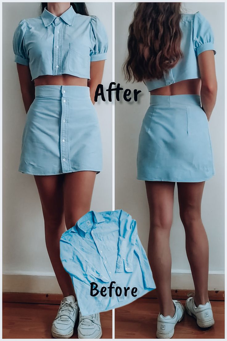 the before and after photos of a woman's blue skirt with her shirt on