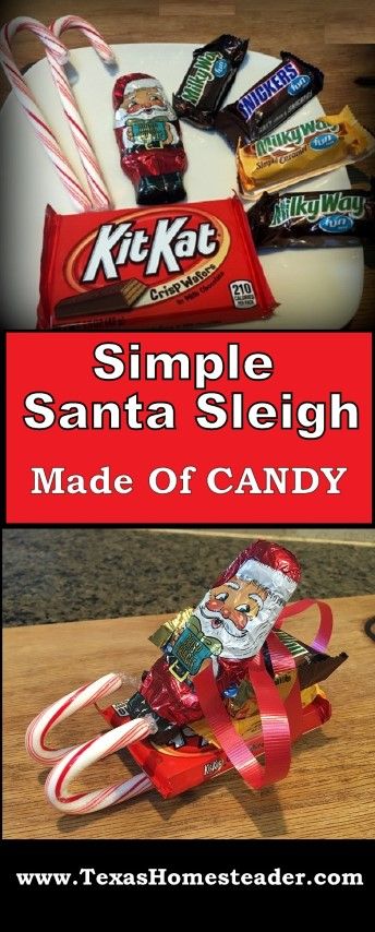 some candy bars and candies are sitting on a table with the words simple santa sleigh made of candy