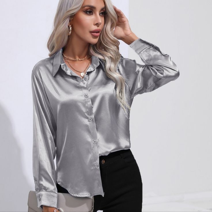 The Satin Serenity Button-Up Shirt Is A Refined And Elegant Choice For Any Occasion. With Its Collared Neck And Buttoned Front, It Exudes A Timeless Sophistication. The Satin Fabric Adds A Touch Of Luxury And A Subtle Sheen, Making It Suitable For Both Formal And Semi-Formal Settings. This Shirt Is Perfect For Creating A Polished And Put-Together Look. Material: 100% Polyester Measurements Provided Are Approximate And May Exhibit Variations From The Values Listed. S: Shoulder 16.8 In, Bust 42.1 Satin Bluse, Button Blouse, Simple Blouse, Cardigan Shirt, Satin Shirt, Satin Blouse, V Neck Cardigan, Office Ladies, Elegant Woman