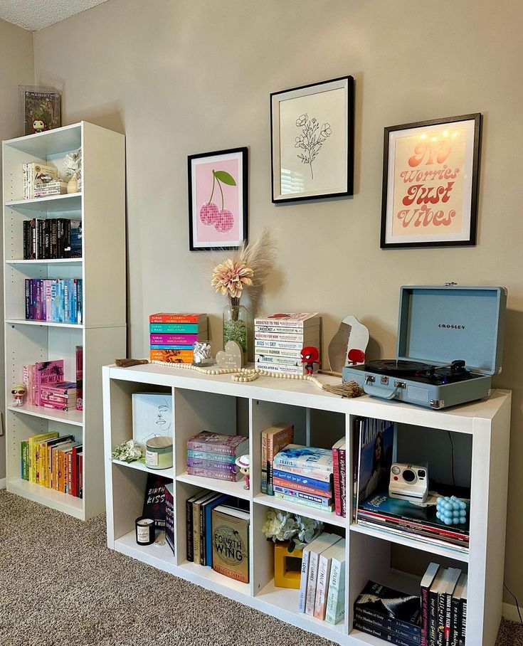 there is a book shelf with books and other items on it in the room that has carpeted flooring