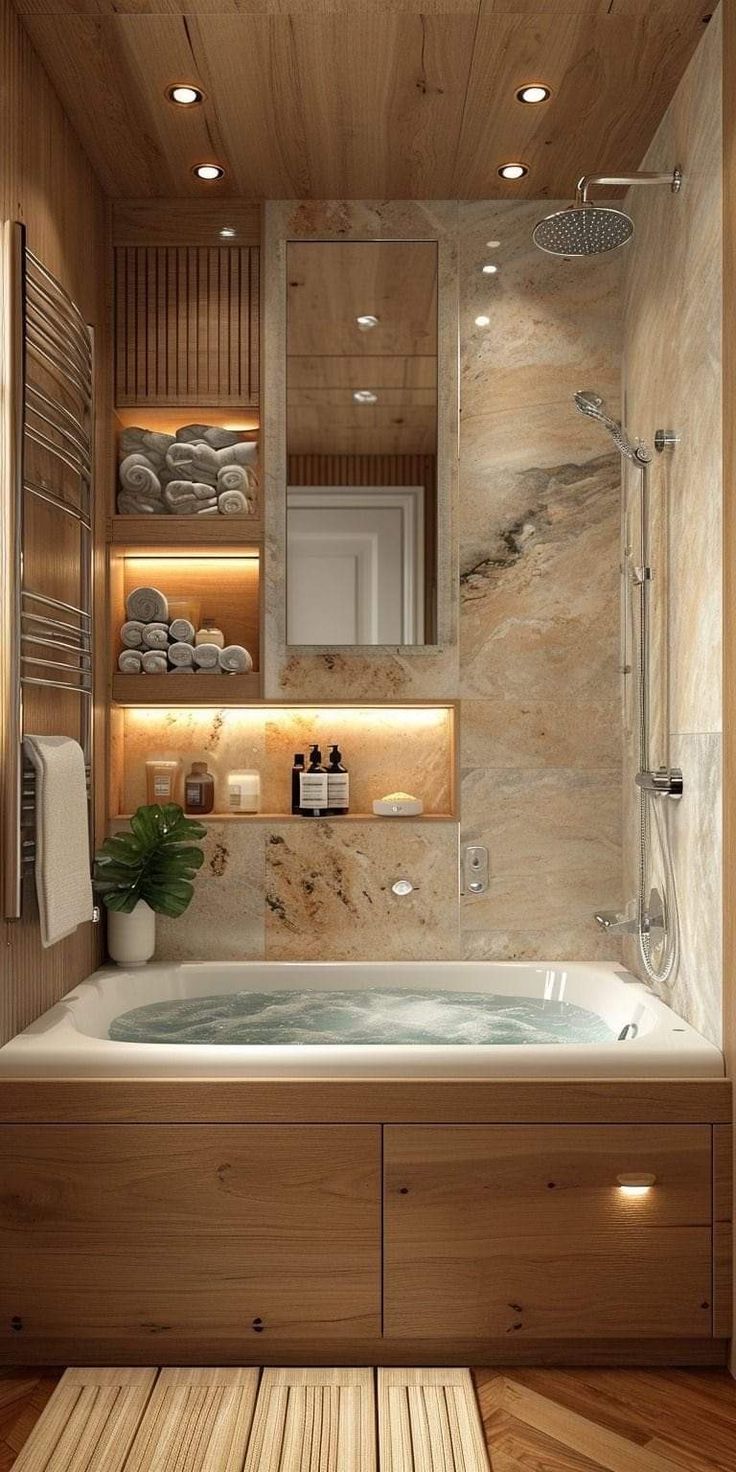 a bath tub sitting inside of a bathroom next to a wooden floor and wall covered in lights