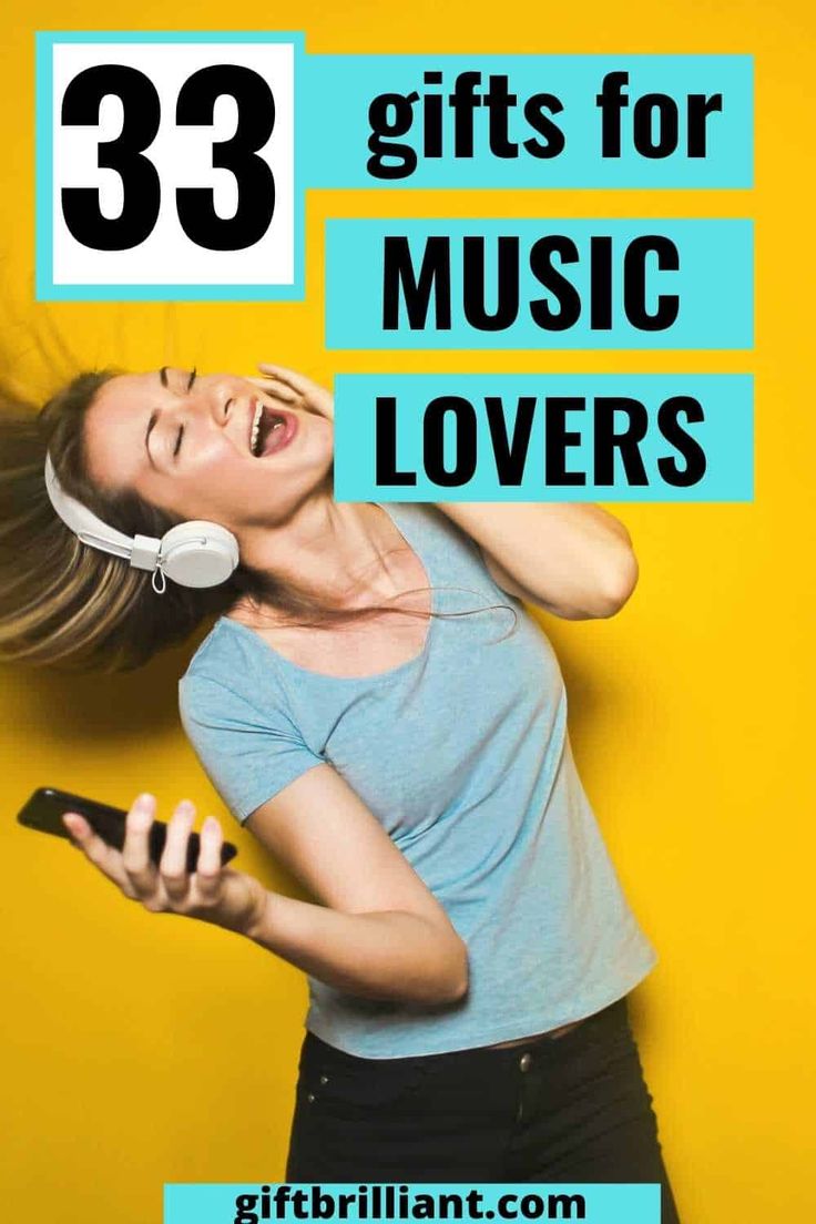 a girl with headphones and text that reads, 33 gifts for music lover's