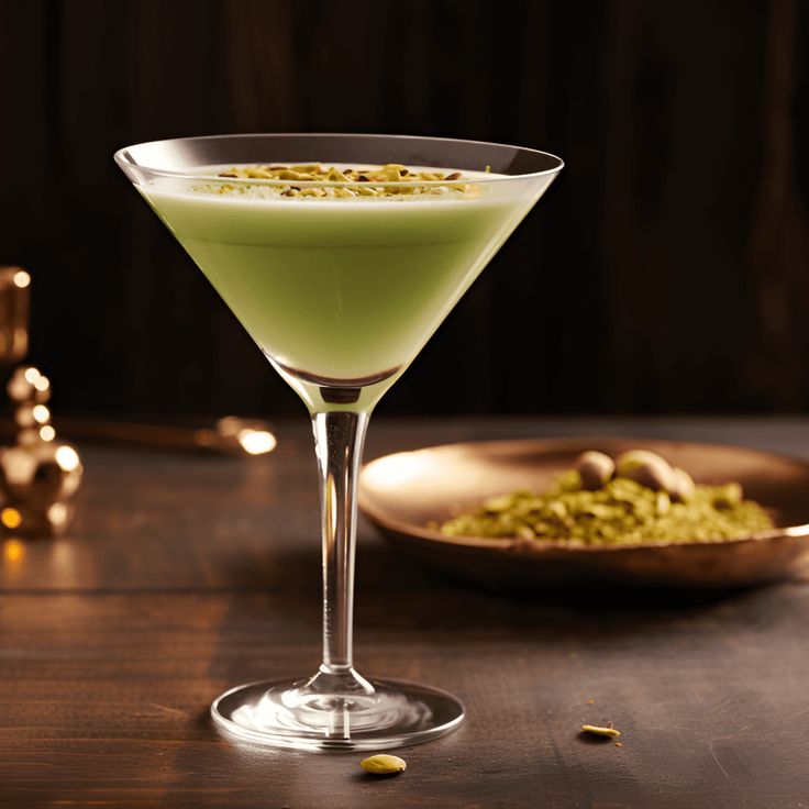 a green drink in a martini glass with pistachio sprinkles on the side