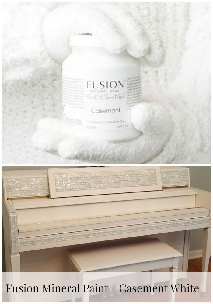 a white piano with the words fusion mineral paint - casement white on it's side