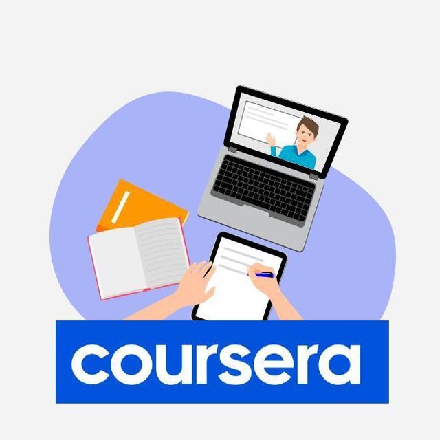 two people are on their laptops with the words coursera in front of them