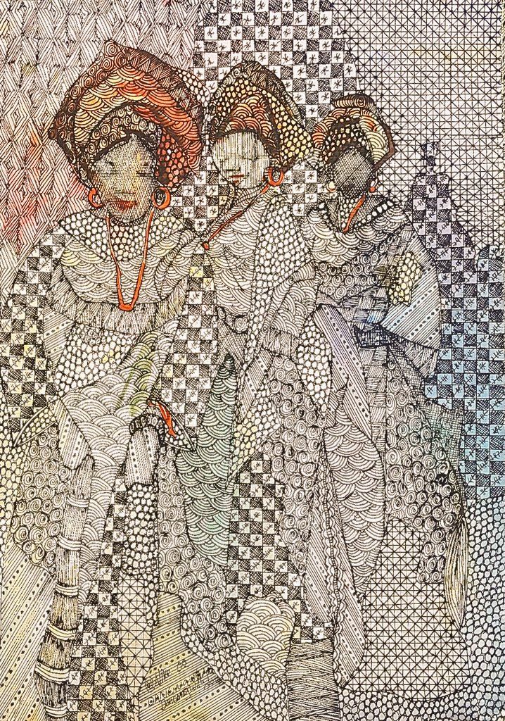 an image of three women with hats on their heads and one is wearing a dress