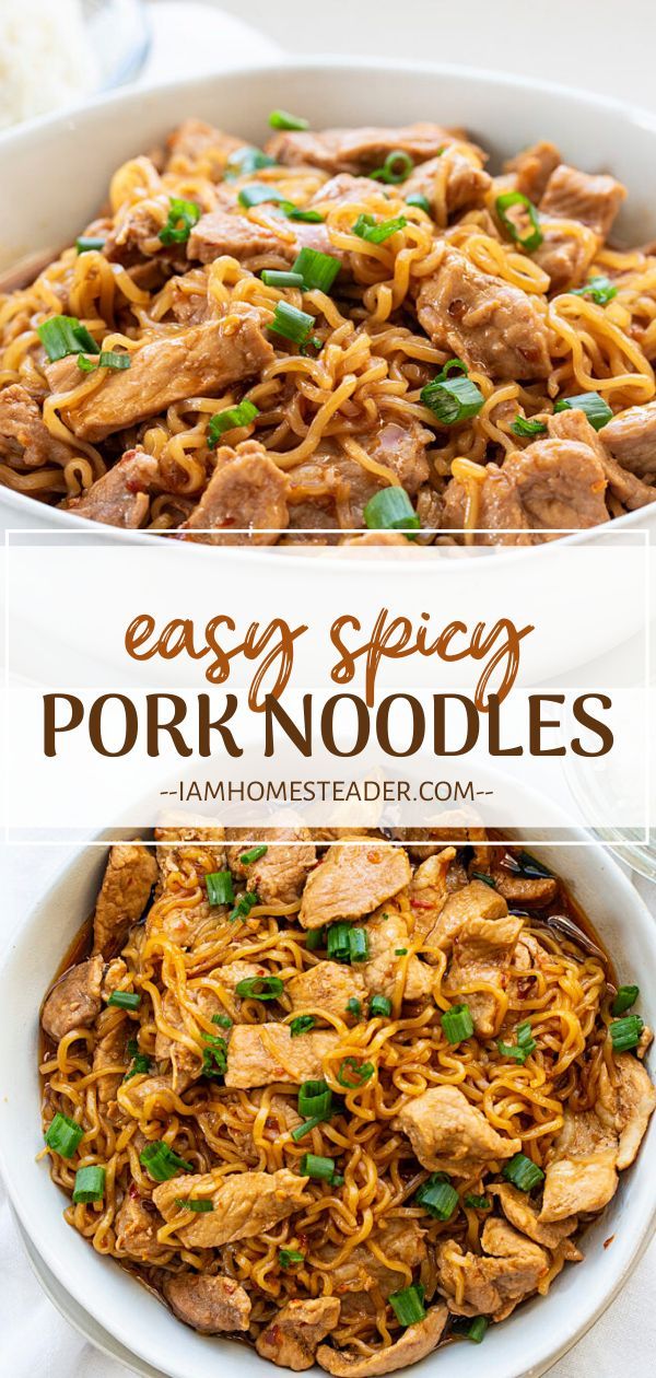 an easy pork noodle dish in a white bowl