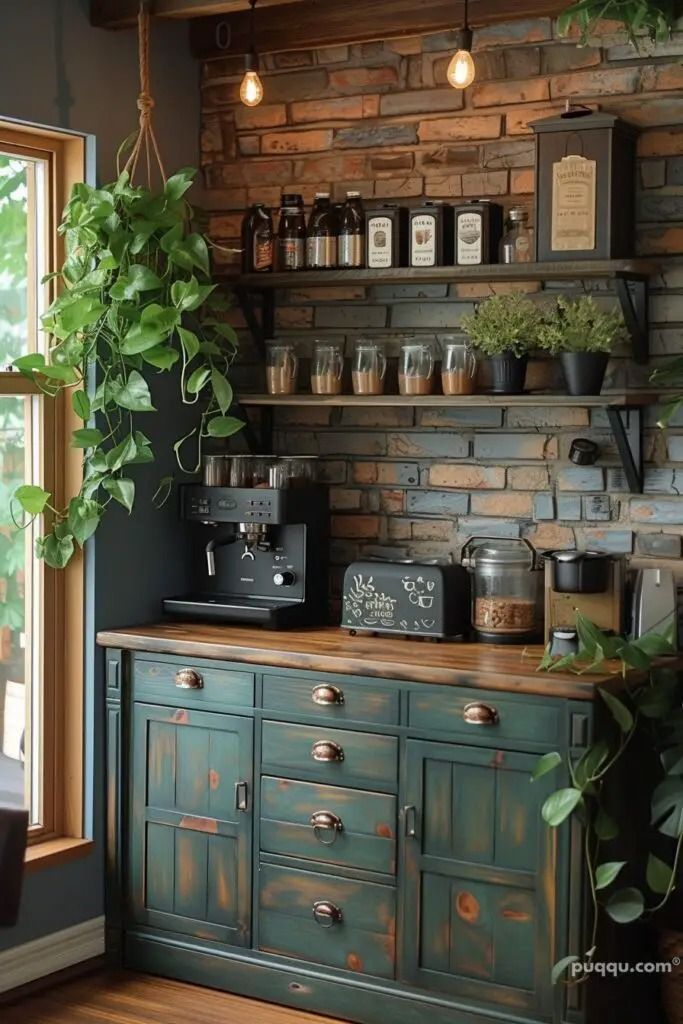 a kitchen with green cabinets and potted plants on the counter, next to a window