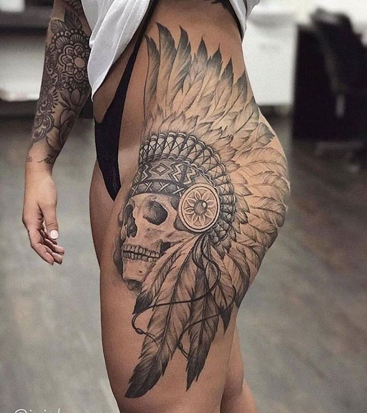 Leg Skull Tattoos Women, Indian Skull Tattoos For Women, Indian Headdress Tattoo Woman, Hip Skull Tattoos Women, Native Leg Sleeve Tattoo, Native American Tattoos Thigh, Native American Hip Tattoos Women, Indian Hip Tattoo, Women Western Sleeve Tattoo