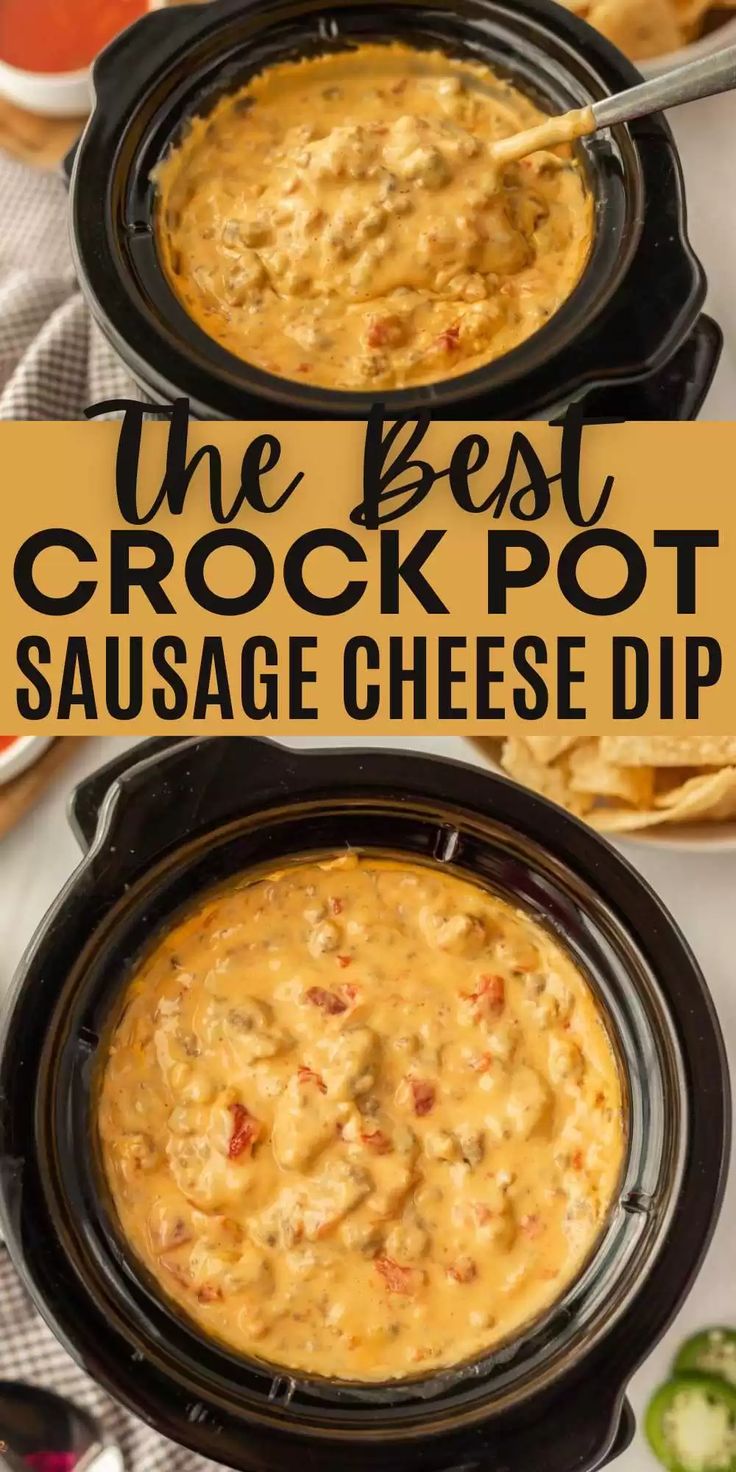 the best crock pot sausage cheese dip in a slow cooker with text overlay