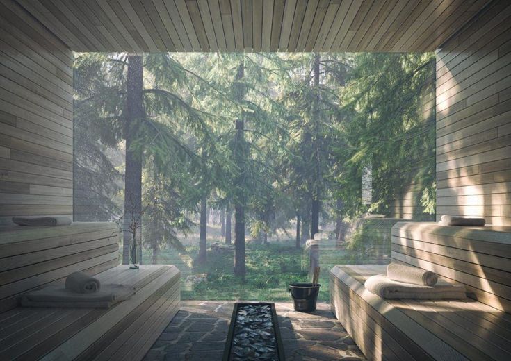 an outdoor sauna with benches and trees in the background