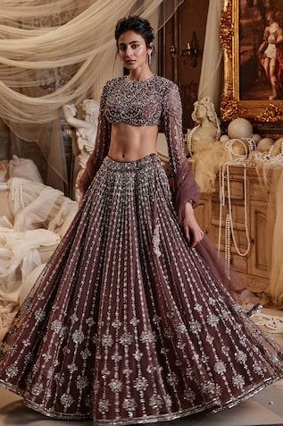 Wine attached cancan lehenga with cutdana, sequin, bead embroidery in floral stripe pattern. Paired with full sleeve embroidered padded blouse and dupatta. - Aza Fashions Lavender Bridal Lehenga, Orang India, Best Indian Wedding Dresses, Latest Bridal Lehenga, Raw Silk Lehenga, Wedding Lehenga Designs, Dusty Lavender, Indian Bride Outfits, Bridal Lehenga Collection