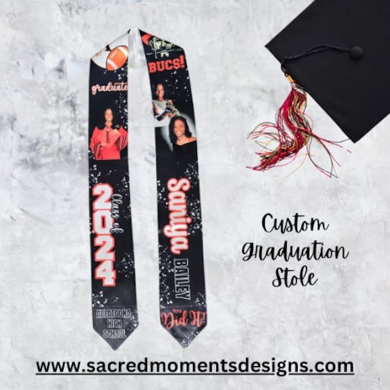 Celebrate your graduation in style with our customized graduation stoles! Made with high-quality polyester, our stoles provide a personalized and vibrant addition to your commencement attire. Perfect for high school, college, and university graduates, our stoles are designed to honor your achievements with a personal touch. Customizable Black Graduation Cap Topper For School, Customizable Graduation Cap Topper For School, Customizable Graduation Cap Topper, Personalized Black Graduation Accessories, Customizable Black Graduation Accessories, Customizable Graduation Stole For School, Academic Graduation Stole, Custom Graduation Stole, Graduation Stoles