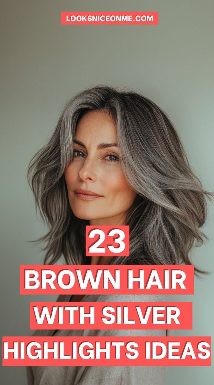 Give your brown hair a glamorous makeover with subtle silver highlights! This look is perfect for adding brightness and a little sparkle, blending beautifully for a chic, high-fashion look. #BrownAndSilver #HairGoals Going From Brown To Blonde To Cover Gray, Cool Grey Hairstyles, Grey Blonde Highlights On Brown Hair, Naturally Grey Hair Transition, Greige Hair Color Brown, Herringbone Highlights Gray Hair Brunette, Hair Colors For Blending Gray, White Silver Highlights, Transiting To Grey Hair