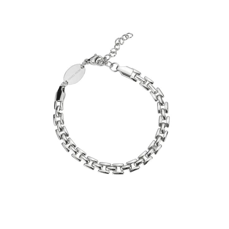 Silver Squared Chain Bracelet - Greige Goods Luxury White Round Chain Bracelet, Luxury Handmade White Gold Chain Bracelet, Modern Link Bracelets With Extender, Modern Link Chain Bracelet With Extender, Modern Link Bracelet With Extender, Metal Chain Link Bracelet With Extender, Modern Metal Charm Bracelet With Extender, Modern Stainless Steel Charm Bracelet With Adjustable Chain, Adjustable Stainless Steel Chain Bracelet With Extender