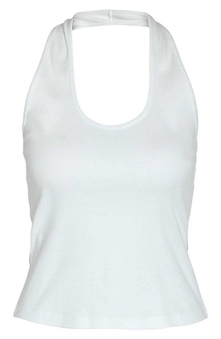 Make everyday easy in this softly ribbed top designed in a sleek halter silhouette. 11" center front length (size Medium) Halter neck 95% cotton, 5% elastane Machine wash, line dry Made in Turkey White Halter Neck Top, Solid Cotton Halter Neck Tank Top, Solid Color Cotton Halter Neck Tank Top, Everyday Ribbed Camisole In Solid Color, Ribbed Cotton Cami Top, Solid Ribbed Camisole For Everyday, Fitted T-back Tops For Spring, Everyday Ribbed Solid Color Camisole, Fitted Ribbed Tank Top For Summer