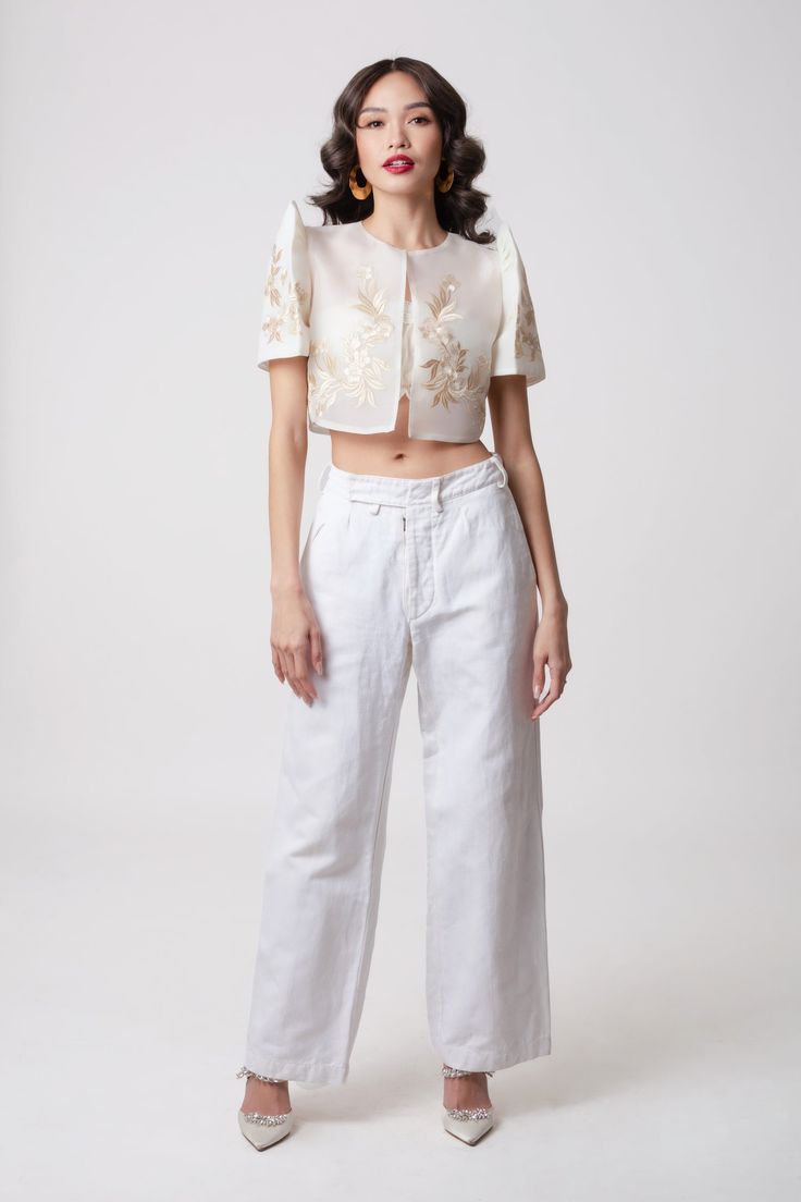 Modern Filipina Outfit Casual, Modern Filipina Outfit Ideas, Filipiniana Modern Outfit, Oathtaking Outfit Philippines, Elegant Cropped Silk Tops, Elegant Cropped Cream Top, Elegant Cream Cropped Tops, Beige Silk Blouse For Evening, Beige Silk Blouse For Evening Wear