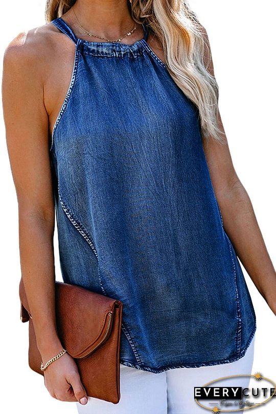 Wholesale Black Denim Halter Tank Top Online Summer Dark Wash Denim Vest For Day Out, Casual Dark Wash Denim Top For Summer, Medium Wash Denim Vest For Day Out, Chic Medium Wash Denim Vest, Chambray Denim Top For Day Out In Dark Wash, Chic Blue Denim Vest For Day Out, Chic Washed Denim Top In Denim Blue, Summer Indigo Denim Vest, Trendy Chambray Denim Top