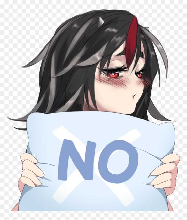 an anime character holding up a pillow with the word no in front of her face