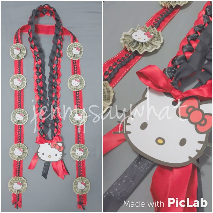 two pictures of hello kitty necklaces with red ribbon and black ribbons, one is made from