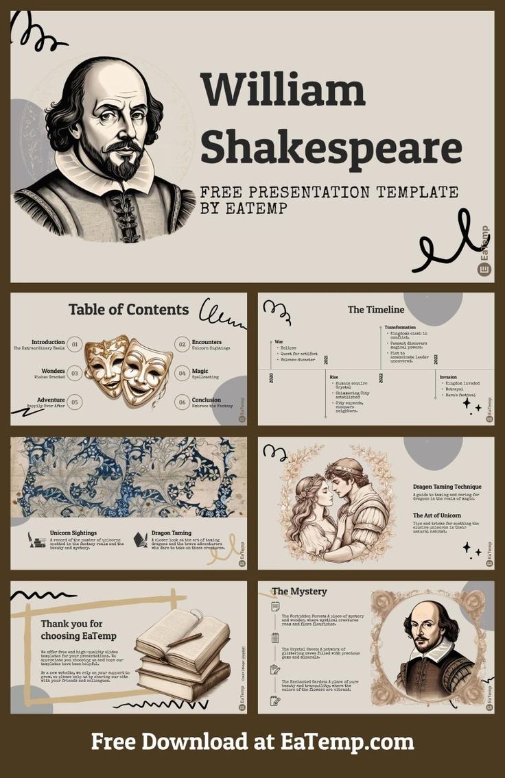 shakespeare powerpoint presentation template with an image of shakespeare's characters and the text william shakespeare