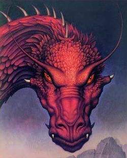 a painting of a dragon with orange eyes and long horns on it's head