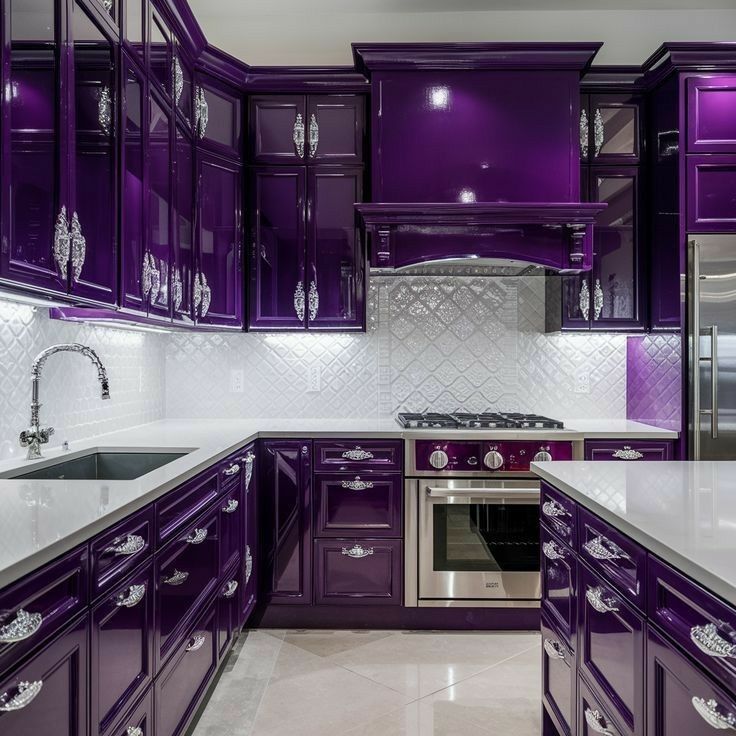 a kitchen with purple cabinets and white counter tops